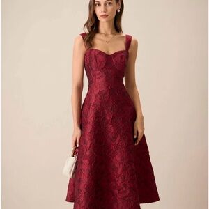 Rihoas Red Sweetheart Neck Jacquard Midi Dress